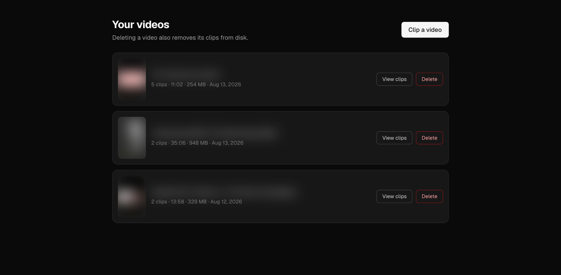 Video library listing each clipped video with its number of clips, length, size on disk and date; titles and thumbnails are blurred