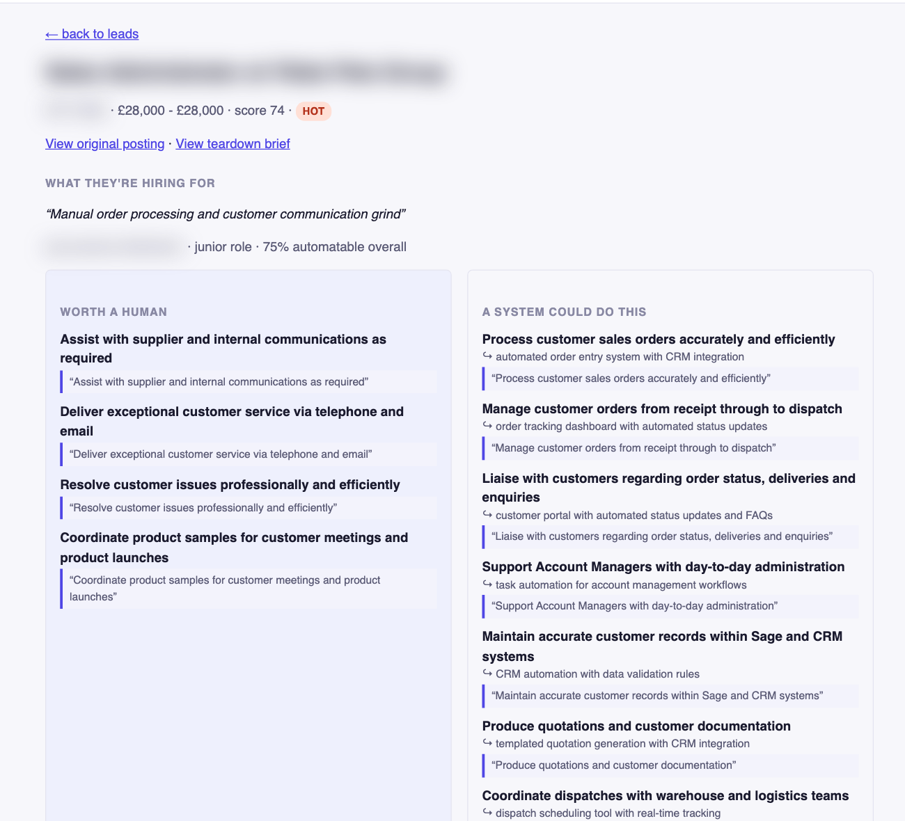 One lead in detail: the advert's tasks split into those worth a human and those a system could do, each with a suggested tool and the quote from the advert