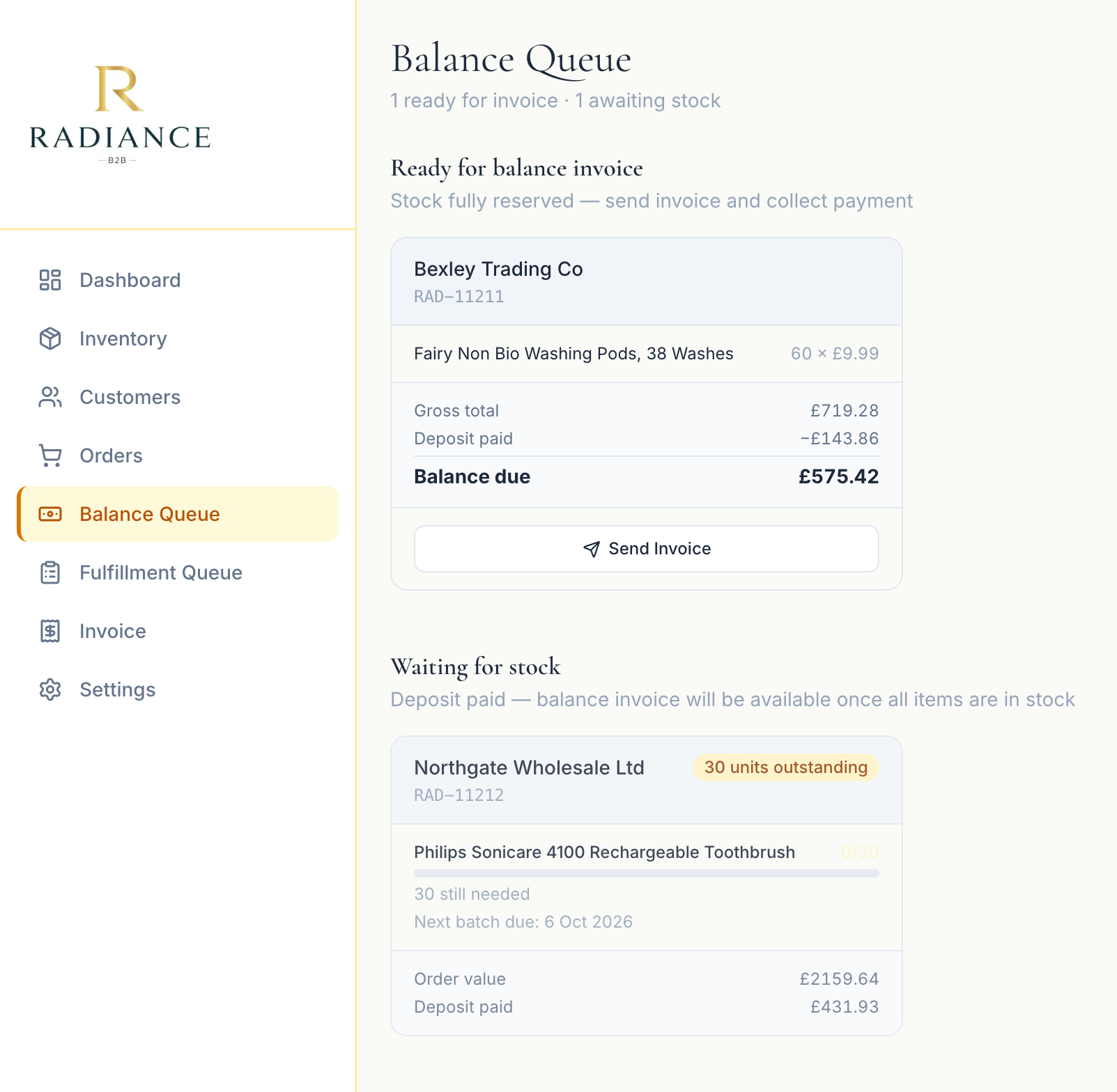 Balance queue with one pre-order ready to invoice and one waiting for stock